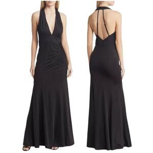 Lulus Dress Tenth Avenue Ruched Halter Neck Gown Formal Maxi Strappy Black M